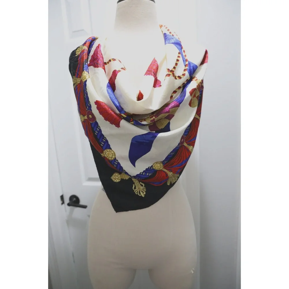 Liz Claiborne‎ Accessories Square Scarf Tassel Rope Print Cream Black Red Blue
